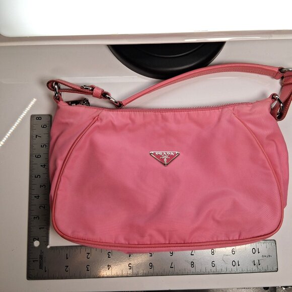 Vintage Prada Hobo Handbag Bubblegum Pink Nylon with Leather Trim Small Size - Picture 12 of 13